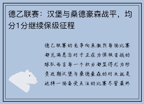 德乙联赛：汉堡与桑德豪森战平，均分1分继续保级征程