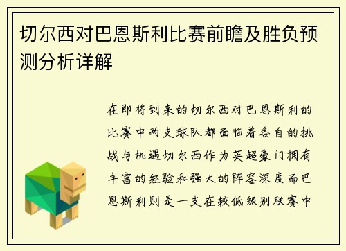 切尔西对巴恩斯利比赛前瞻及胜负预测分析详解